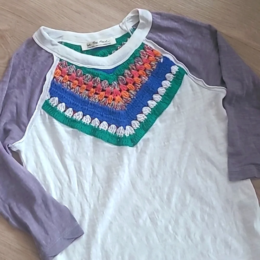 Free People Raglan Crochet 3/4 Long Sleeved Top, Size XS but fits Bigger